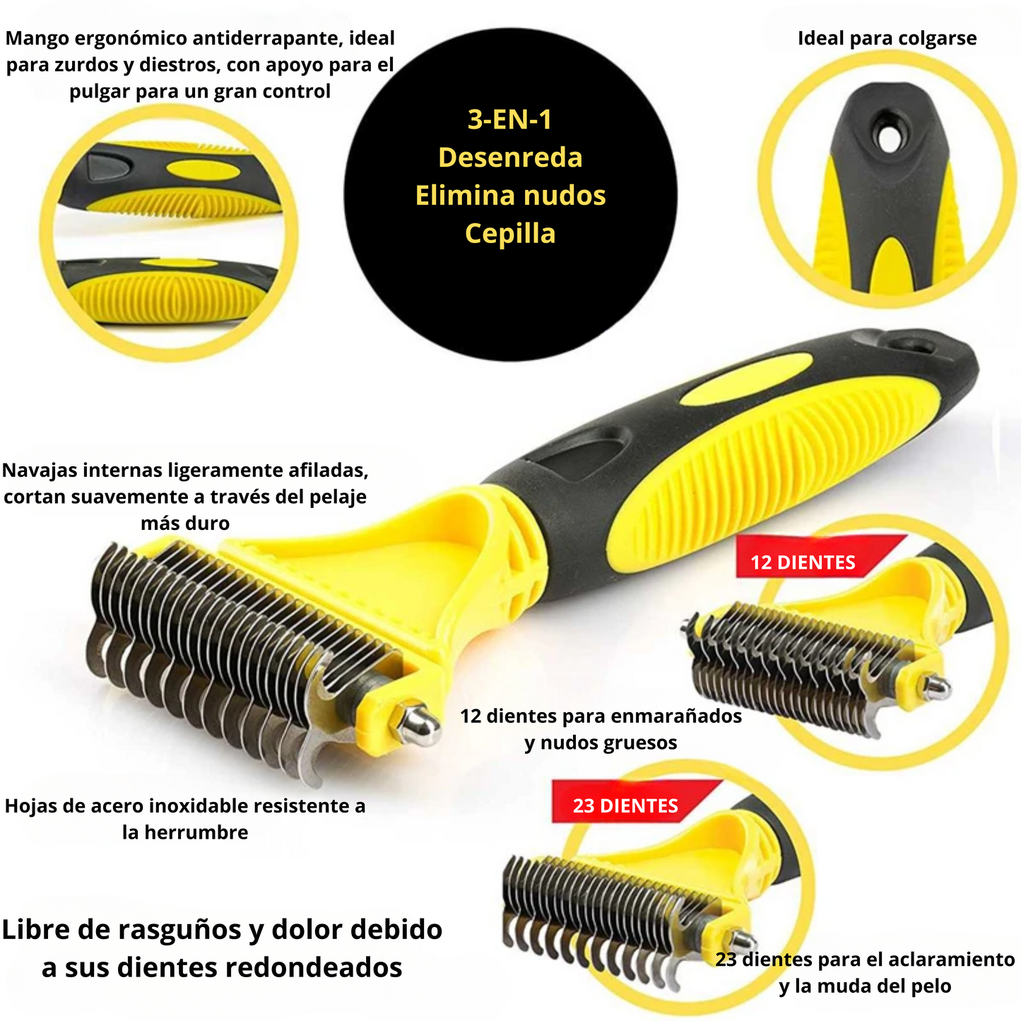Cepillo-rastrillo de dos cabezas removedor de nudos, pelo enredado, enmarañado y suelto; para perros, gatos y conejos