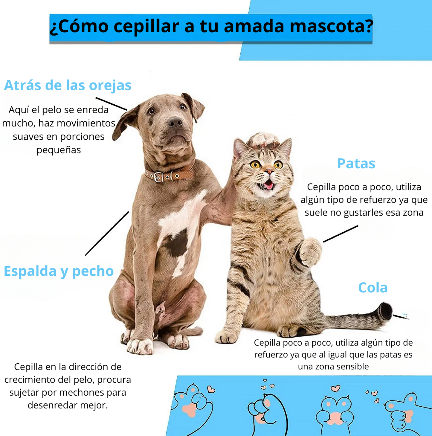 Cepillo removedor de pelo, cuidado y aseo para perros y gatos de pelo largo