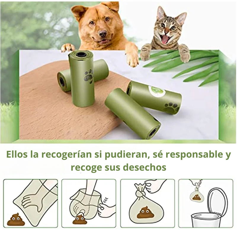 Bolsas para heces de perros y gatos, biodegradables y amigables con el medio ambiente con dispensador de bolsas para desechos caninos