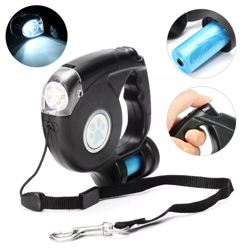 Correa para perros con linterna LED, correa retráctil automática con cuerda extensible y bolsa de basura