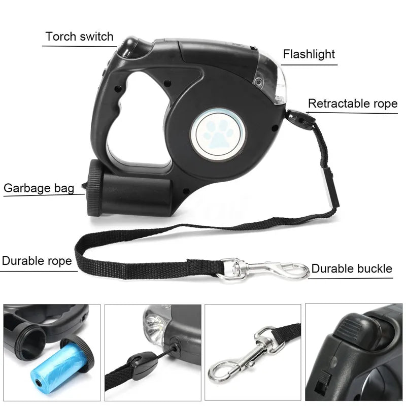 Correa para perros con linterna LED, correa retráctil automática con cuerda extensible y bolsa de basura