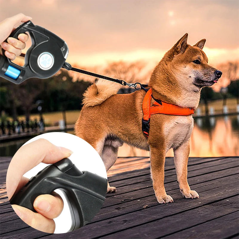 Correa para perros con linterna LED, correa retráctil automática con cuerda extensible y bolsa de basura