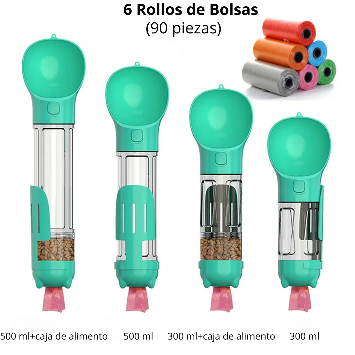 Botella portátil de agua y alimento para perros/gatos 4 en 1 multifuncional a prueba de fugas con bolsas para excremento y palilla