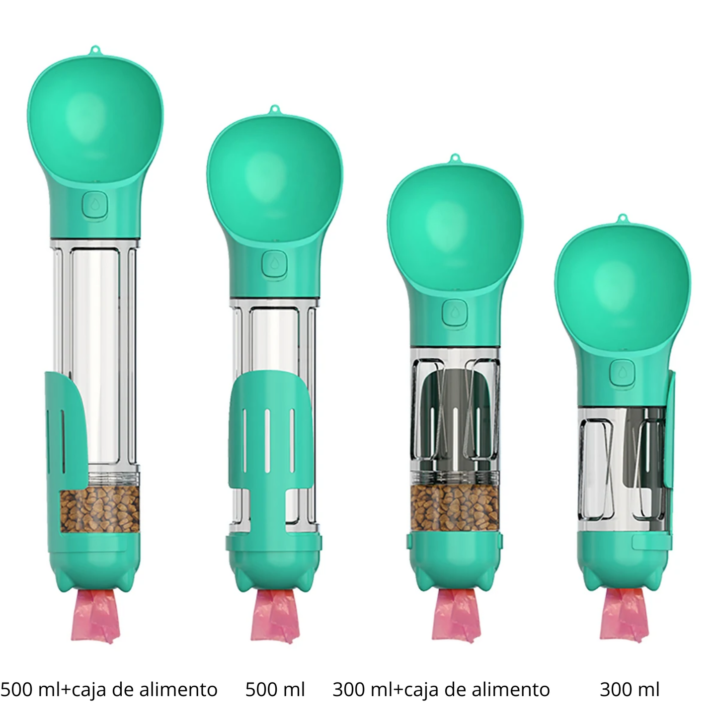 Botella portátil de agua y alimento para perros/gatos 4 en 1 multifuncional a prueba de fugas con bolsas para excremento y palilla