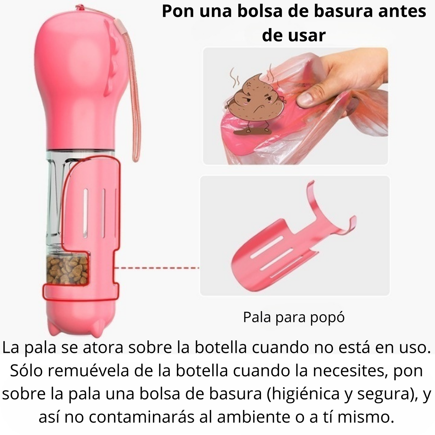 Botella portátil de agua y alimento para perros/gatos 4 en 1 multifuncional a prueba de fugas con bolsas para excremento y palilla