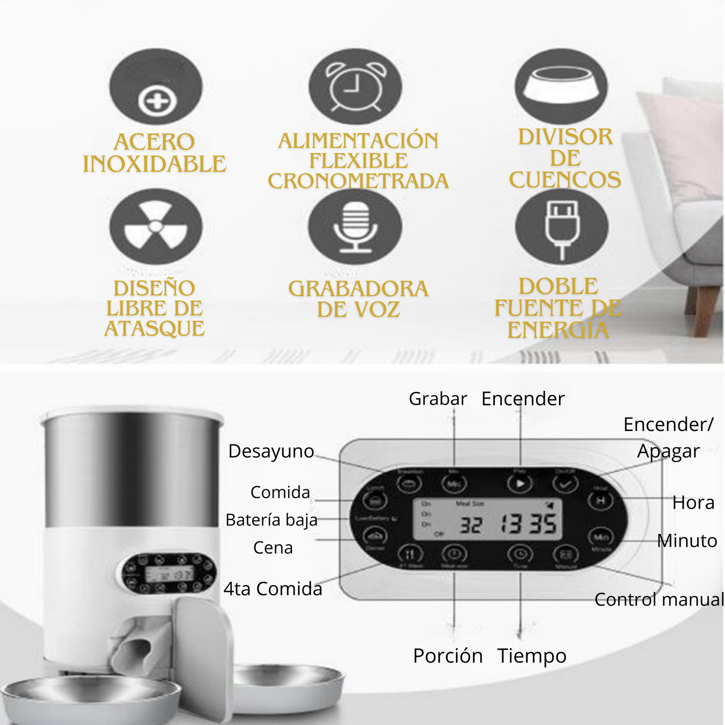 Alimentador automático inteligente para perros y gatos con dispensador de 4.5 litros de comida seca