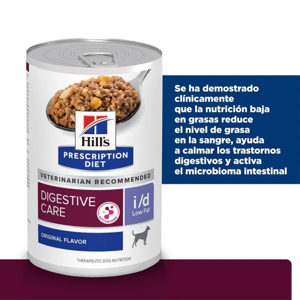 ¡Adiós pancitas sensibles! 🐕💕 Hill’s i/d Low Fat – Lata 369 g, digestión sana sin grasa de más (Caja con 12)