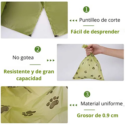 Bolsas para heces de perros y gatos, biodegradables y amigables con el medio ambiente con dispensador de bolsas para desechos caninos